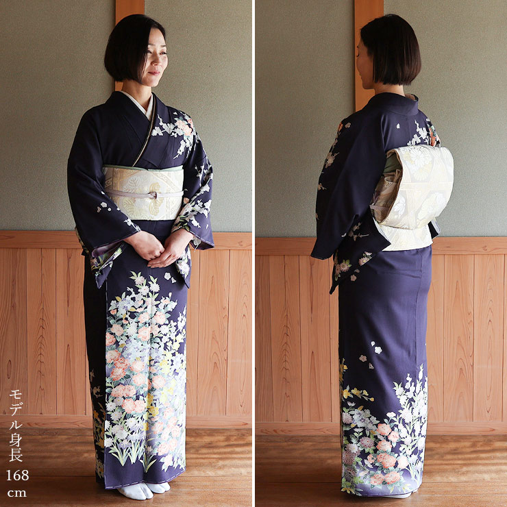 洗える着物] 東レ 袷 訪問着 四季草花文様 濃紫 紫 日本製 パープル