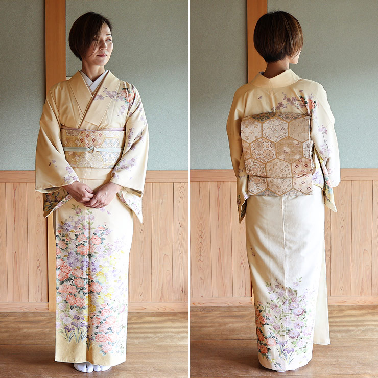 洗える着物] 東レ 袷 訪問着 四季草花文様 (淡 黄色) 日本製 イエロー
