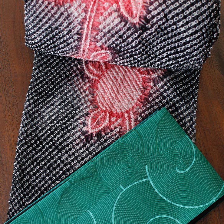 美術サロン] 半幅帯 細帯 渦美 エメラルド 日本製 グリーン 緑