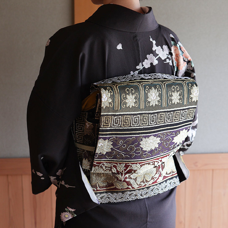 日本製 東レシルック 糸使用 洗える 袋帯 宝相華横段 ブラウン 茶色 二