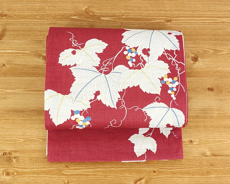 夏帯 ] 麻 京袋帯 「葡萄 (ワイン色)」 日本製 ぶどう 蔓 カラフル