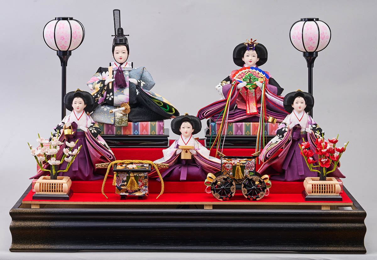 雛人形 ケース飾り 詩織 三五親王 芥子官女 五人飾り 栓欅 金彩バック