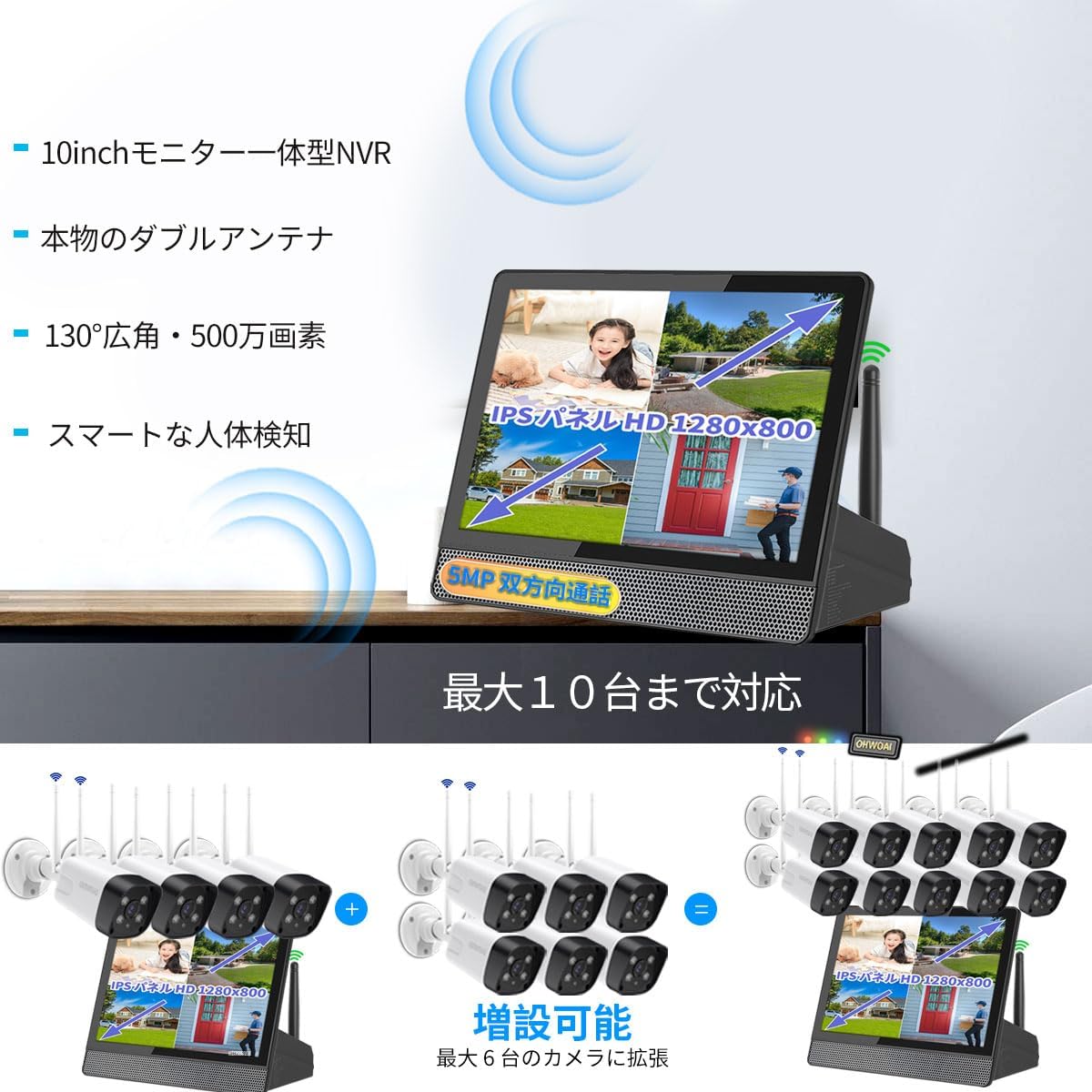 防犯カメラ 屋外 wifi 家庭用 セット ワイヤレス モニター付き 500万