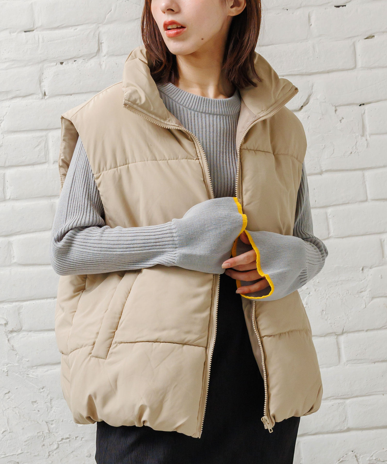 スタンドカラーフェイクダウンベスト レディース アウター ポイント