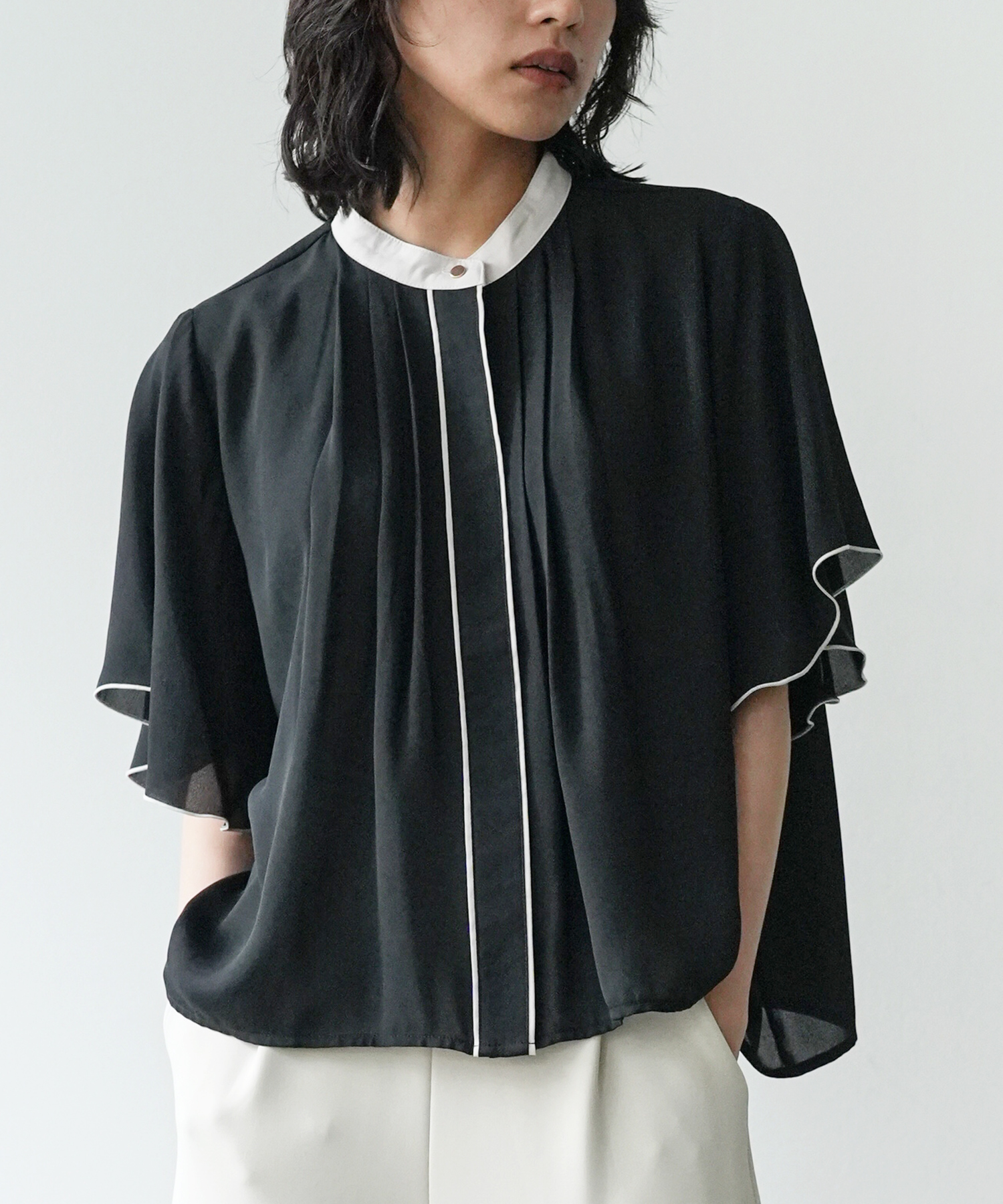 フロントタックバイカラーブラウス レディース トップス シャツ (郵2