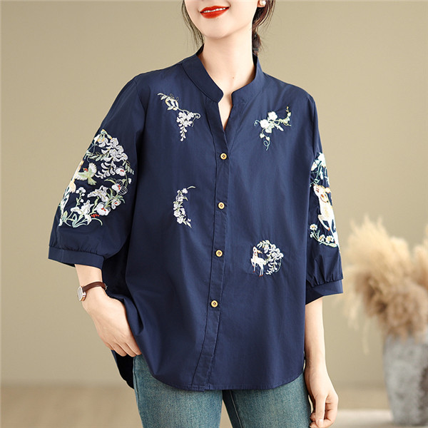 刺繍シャツ レディース 夏トップス 七分袖 ゆったりシルエット 甘め