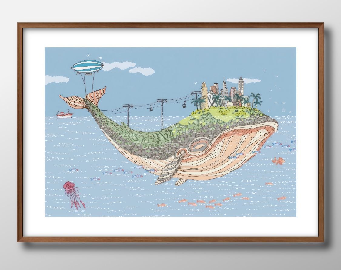 スリーピーホエール クジラ 鯨 A3 サイズ ポスター アート 北欧 額