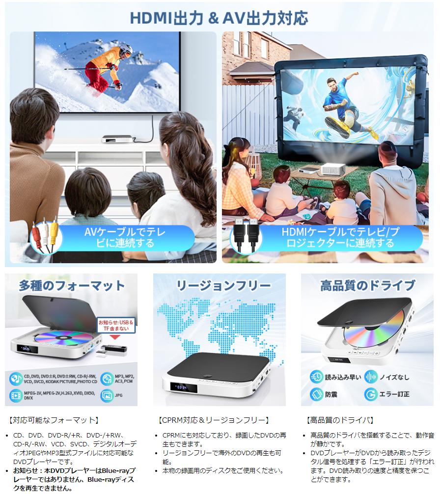 ミニ DVDプレーヤー 携帯式 リージョンフリー CPRM対応 テレビや