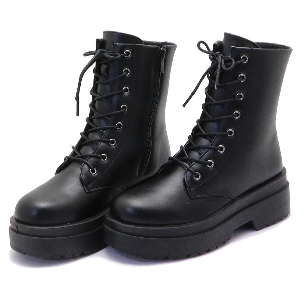 即納 レディース 厚底 レースアップ ショーツブーツ サイドジッパー
