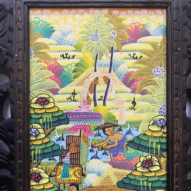 バリ絵画 風景画 山とライステラス W33×H63 パステルカラー ヤング