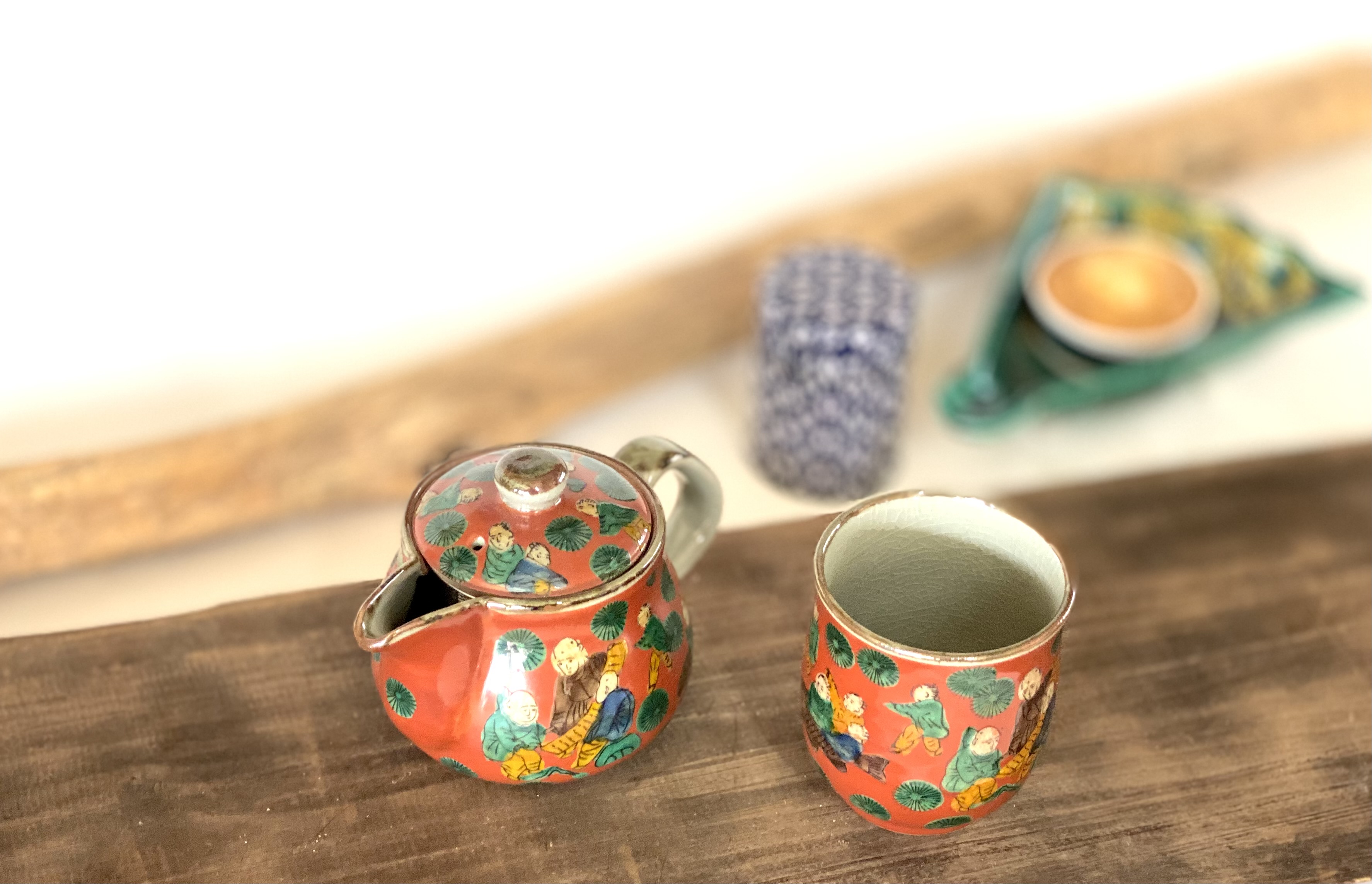 九谷焼 高級 陶磁器 急須2点セット 小 丸紋松竹梅緑塗り 裏絵(Kutani