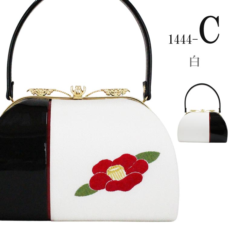 振袖用 バッグ BAG 椿柄 刺繍 白 黒 赤 エナメル ちりめん 和装 着物
