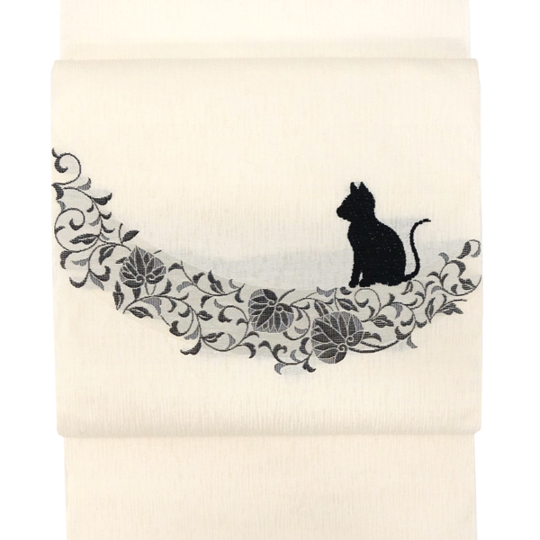 名古屋帯 正絹 龍美工房 仕立て付き 猫柄 葵 更紗 白 帯 カジュアル