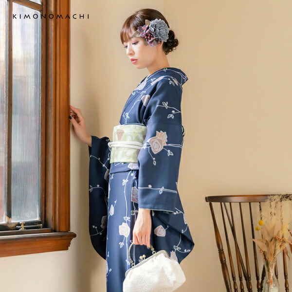 KIMONOMACHI 二尺袖着物 単品「ばら墨紺色」KIMONOMACHIオリジナル お
