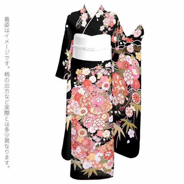 未仕立て 振袖 単品 「黒地 雪輪に手毬、牡丹」 仮絵羽 振り袖 正絹