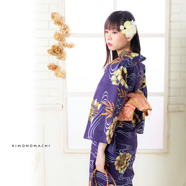 KIMONOMACHI 浴衣 レディース 浴衣と帯の2点セット 「浴衣 紫色 水車＋