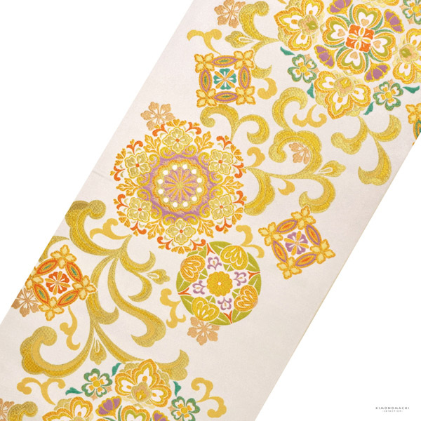 礼装向け 袋帯 単品 お仕立て上がり「白 唐花文様」フォーマル 全通柄