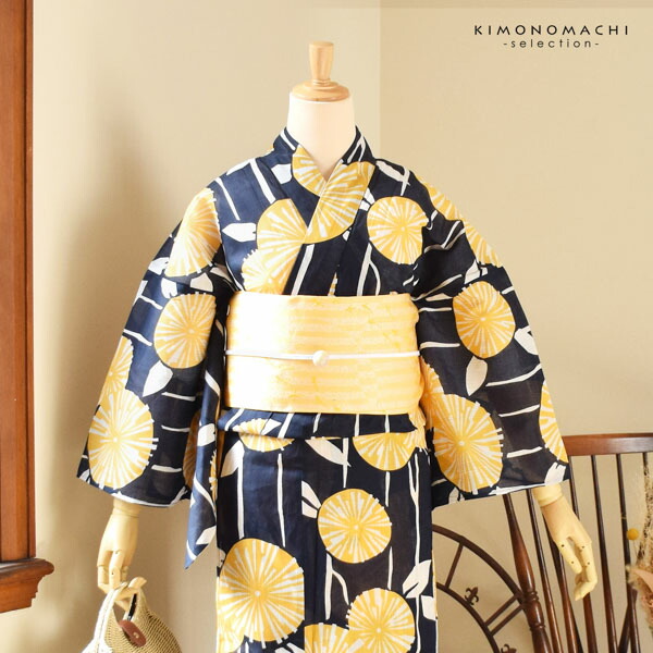 浴衣セット 浴衣と半幅帯の2点セット 「浴衣 紺地 黄の花＋半幅帯 水面