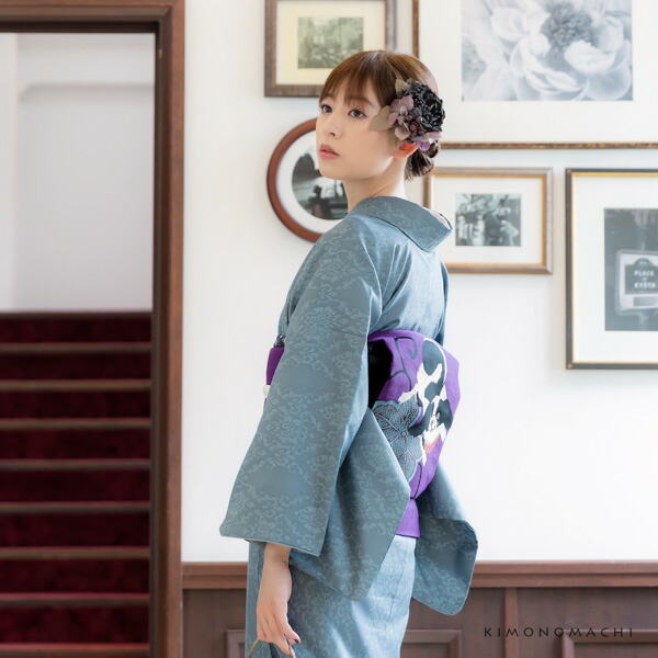 KIMONOMACHI 洗える着物 セット「袷着物：アラベスクブルーグレー＋京