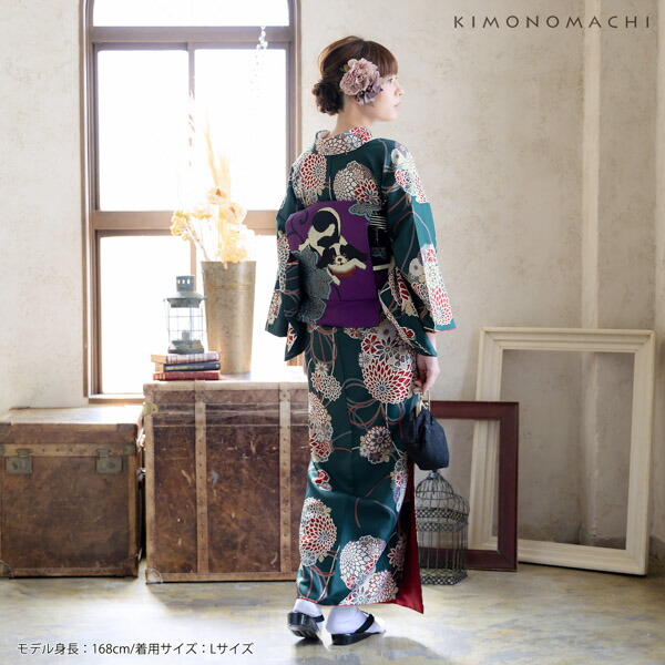 KIMONOMACHI 洗える着物 セット「袷着物：花くす玉 青緑色＋京袋帯：狆