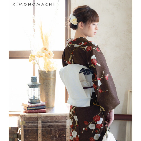 KIMONOMACHI 洗える着物 セット「袷着物：梅が枝 焦茶色＋京袋帯：献上