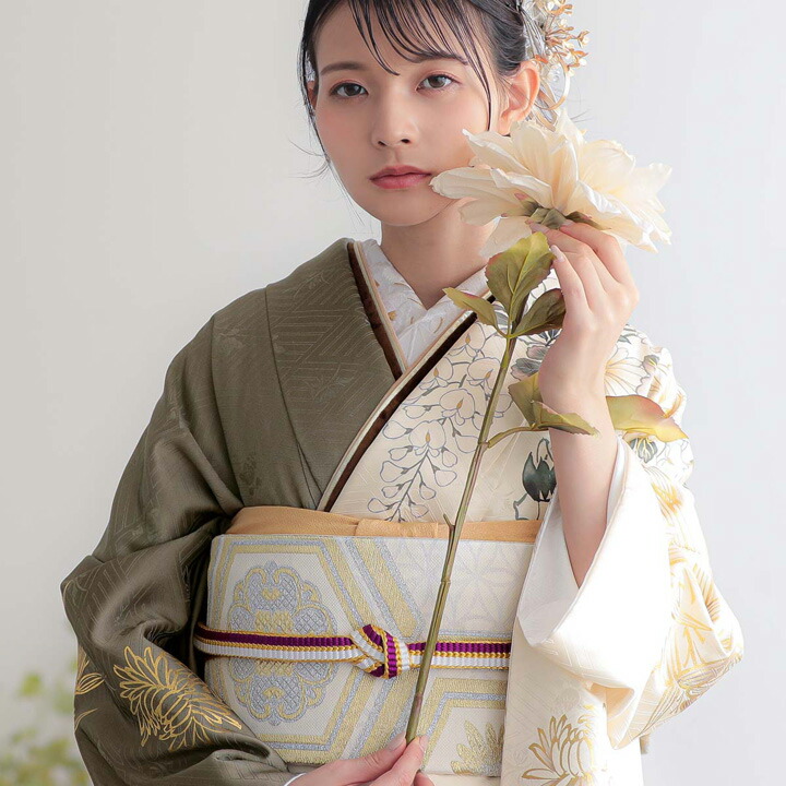 未仕立て 振袖 22点セット「オフホワイト×茶 菊牡丹に笹」仮絵羽