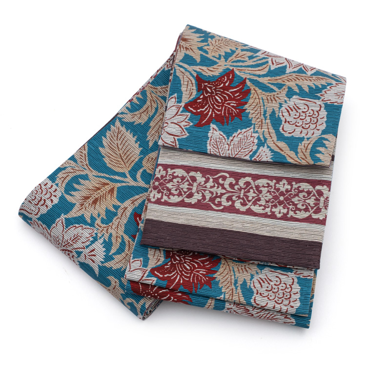 半幅帯 正絹 召しませ花 紗羅A リバーシブル 両面 水色 ブルー エンジ