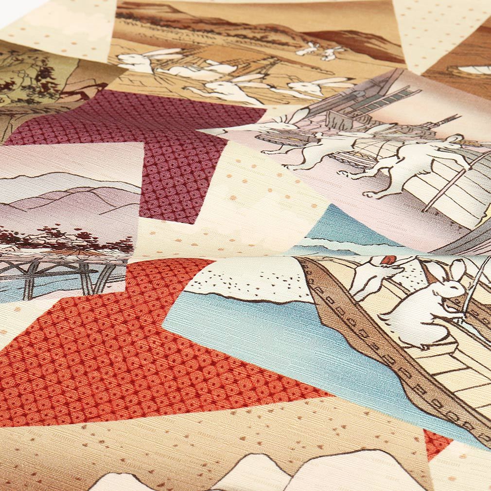 WA・KKA 京袋帯 正絹 帯 クリーム 東海道五十三次 色無地 小紋 紬 街着