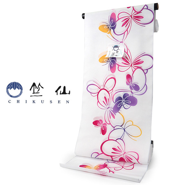 竺仙 浴衣 反物 夏着物 単品 注染 綿 コーマ地 白地 カラフル 蝶々