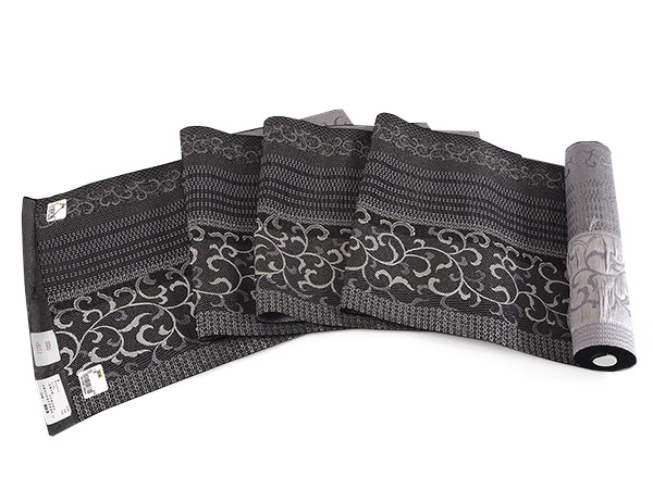 名古屋帯 正絹 新品 未仕立て 反物 八寸 黒色地 唐草 縞 なごや帯 全通