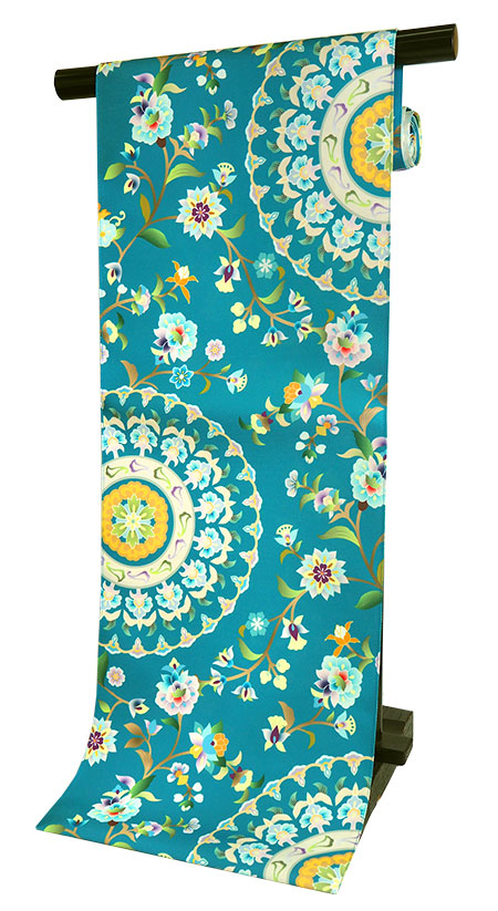 名古屋帯 新品 仕立て上がり オリジナル ブルーグリーン 花柄 更紗 華