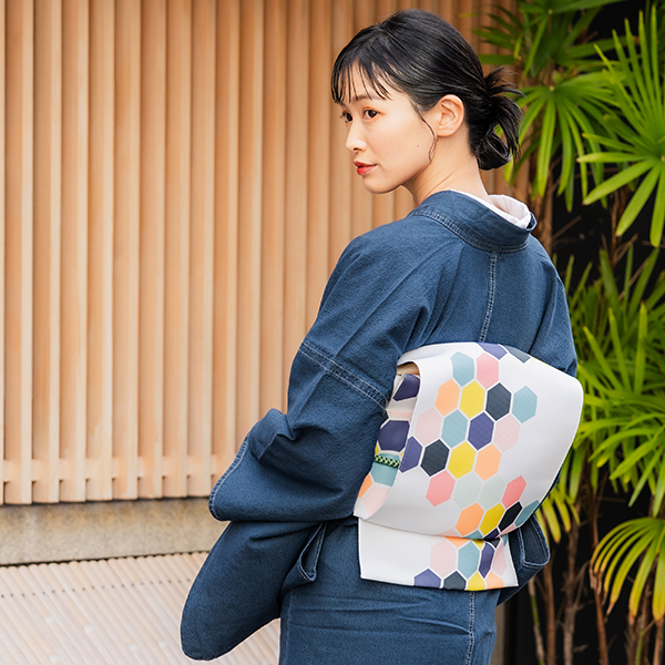 洗える着物 デニム レディース 4点 セット きもの 名古屋帯 帯揚げ