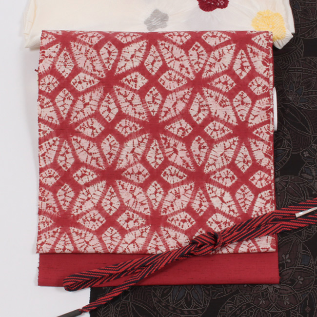 きもの 和 名古屋帯 九寸 茜染め 奥州 茜絞り 染め帯 麻の葉つなぎ