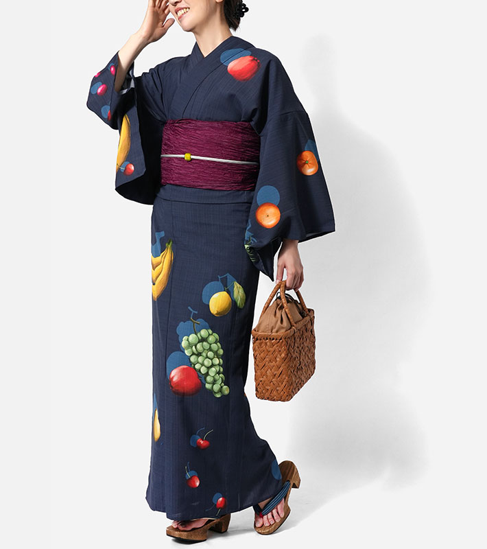 浴衣 飛ばすぜフルーツ 絵羽 飛び柄 ネイビー 紺地 パイナップル セオ