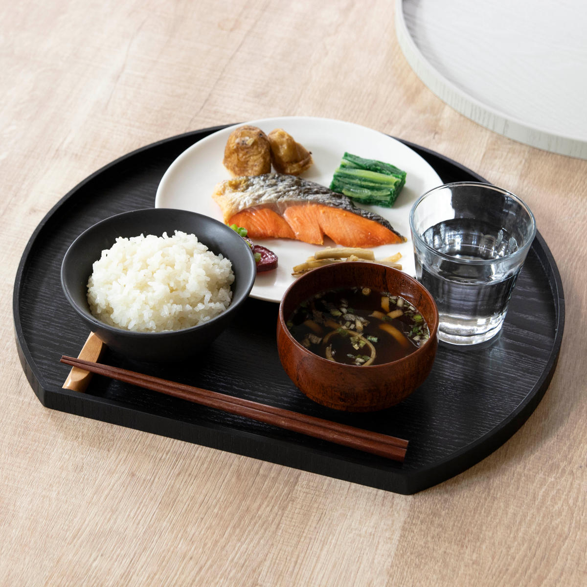 特典付き お盆 36cm トレー 半月膳 半月盆 木製 同色5枚セット