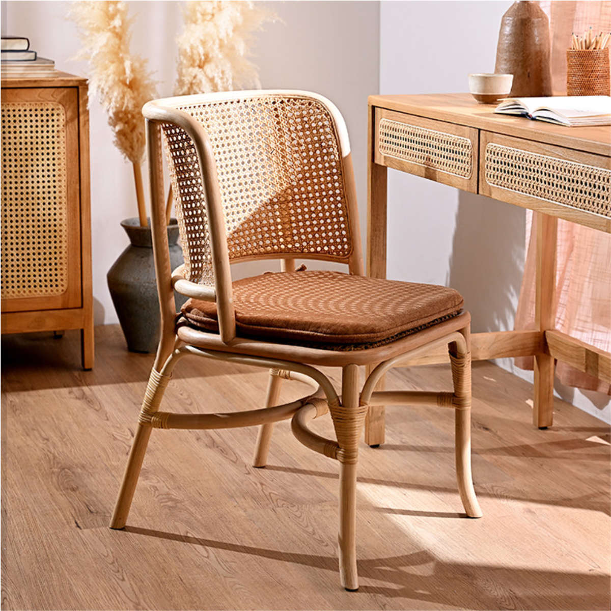 ダイニングチェア ラタン 座面高45cm クッション付 天然木 CALM