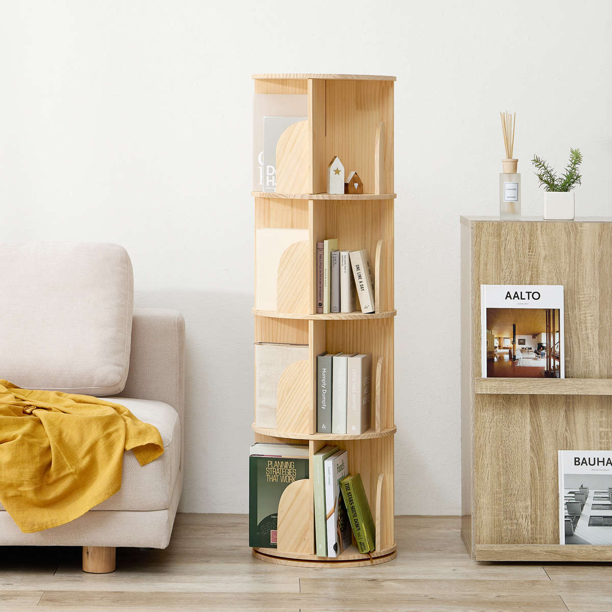 回転式 コミックラック 4段 幅39cm 144冊収納 天然木 簡単組立 （ 本棚