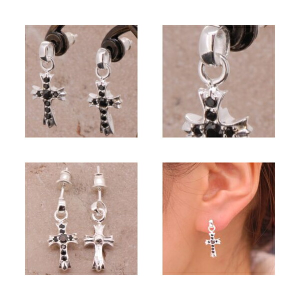クロス ドロップピアス 2P 両耳用 ブラックCZ ジルコニア パヴェ