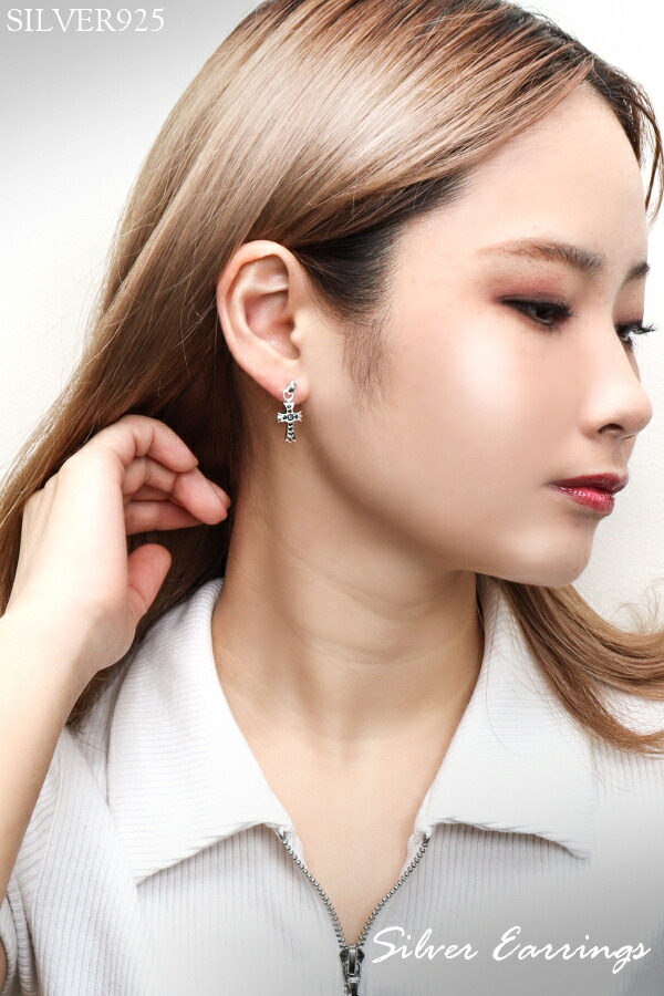 クロス ドロップピアス 2P 両耳用 ブラックCZ ジルコニア パヴェ