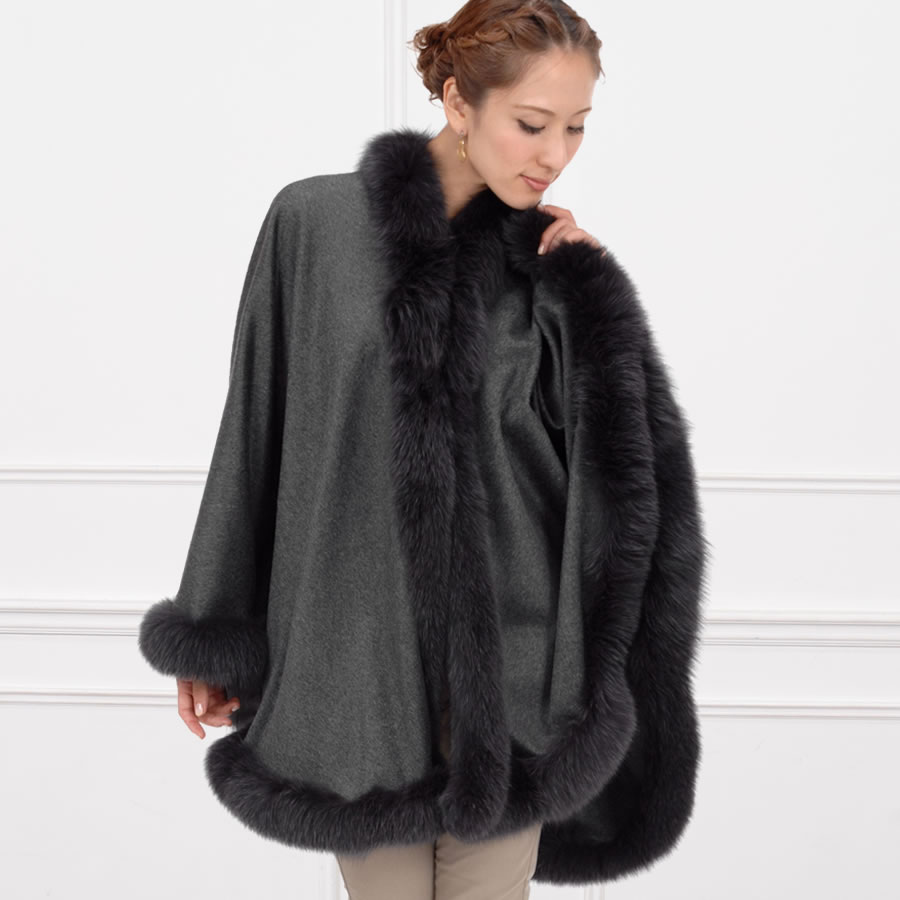 爆買 ポンチョ ケープ 日本製 カシミヤ100% 大判フォックス ファー付き