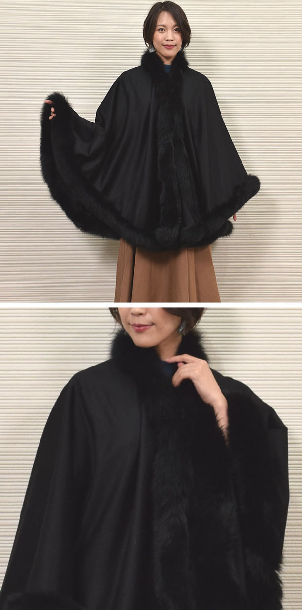 爆買 ポンチョ ケープ 日本製 カシミヤ 100％SAGA フォックス トリム