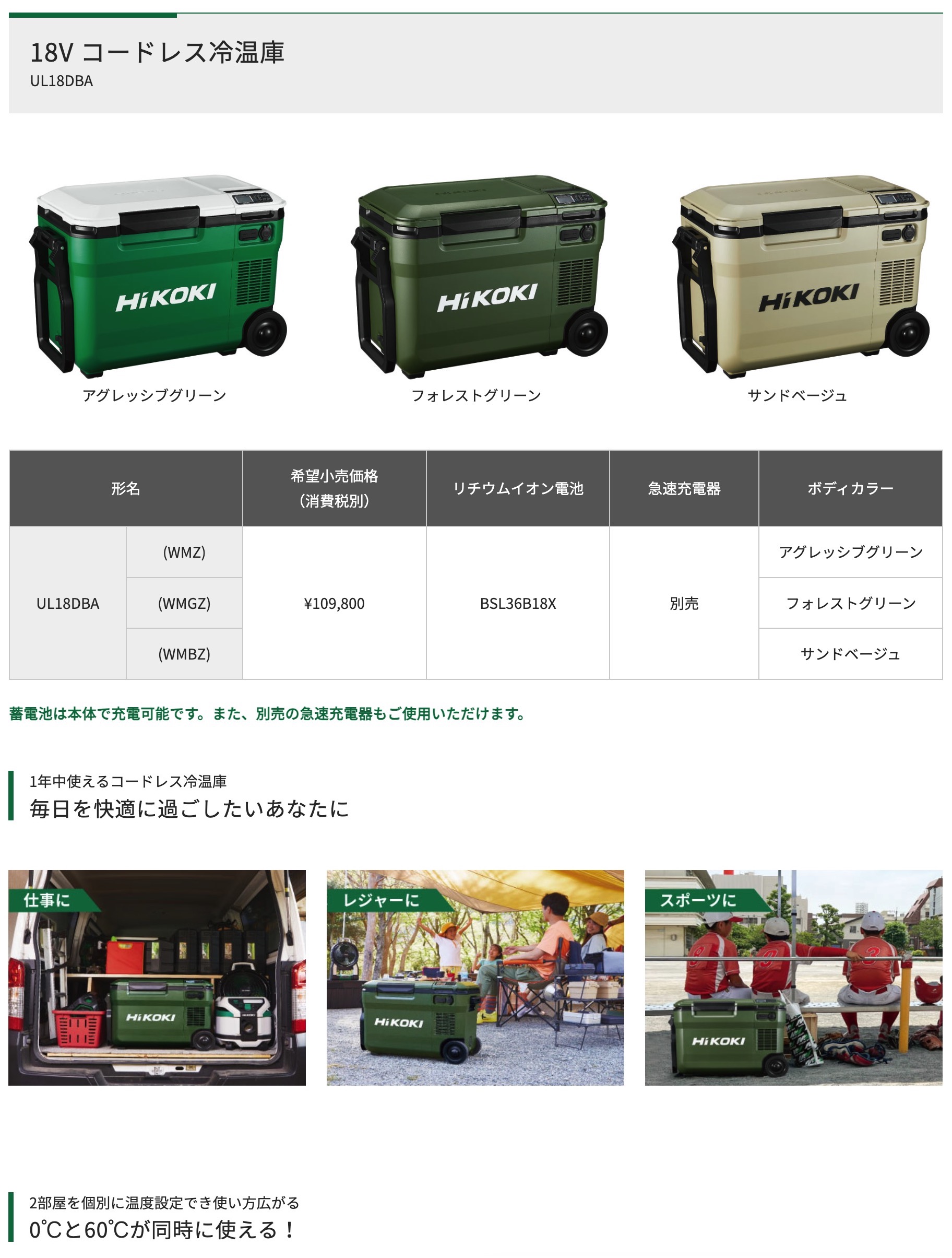 ハイコーキ 冷温庫 UL18DBA(WMGZ) フォレストグリーン バッテリー付属