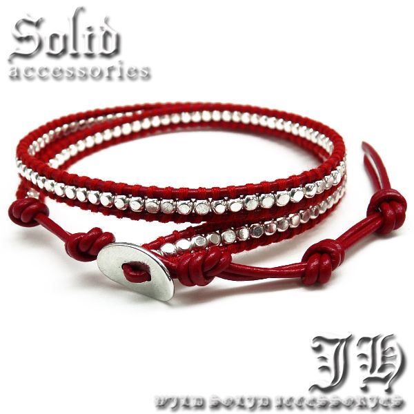 本革2連 ワンランク上のラップブレス 赤レザー レッド シルバー男性