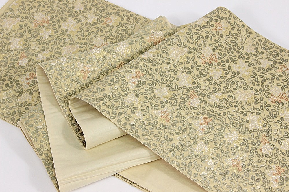 訳あり 西陣袋帯 正絹袋帯 別誂え ベージュ×金×カーキ 未仕立商品 正装