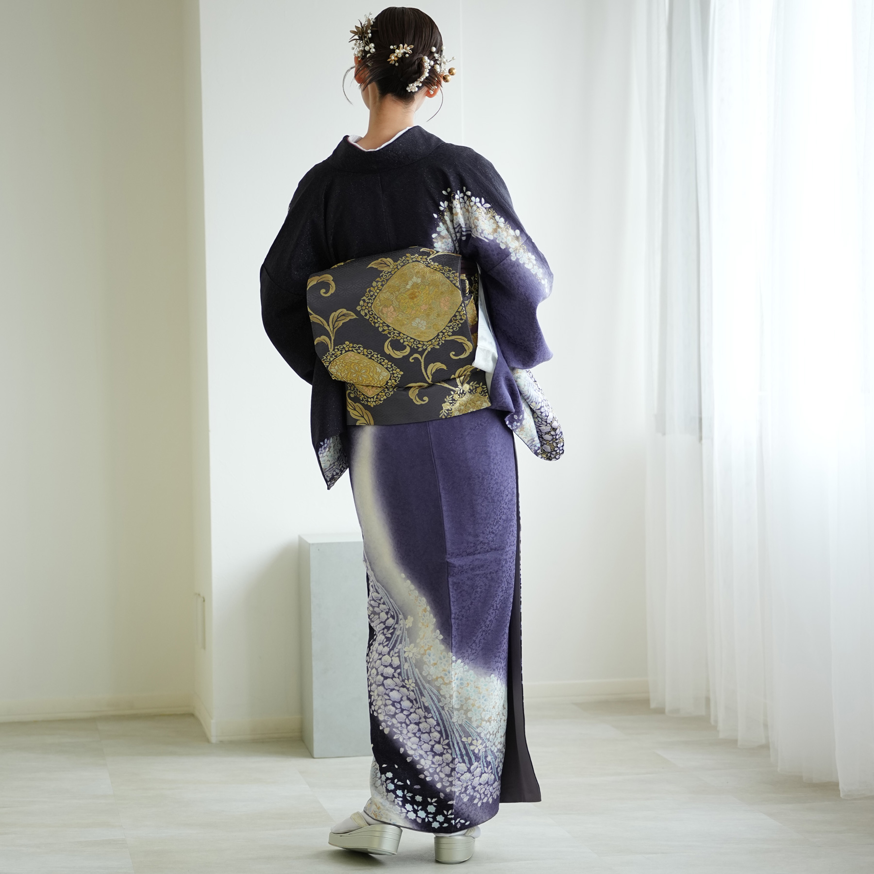 訪問着 レンタル おしゃれ 20点 フルセット 正絹 着物 母 花柄 黒系 紫