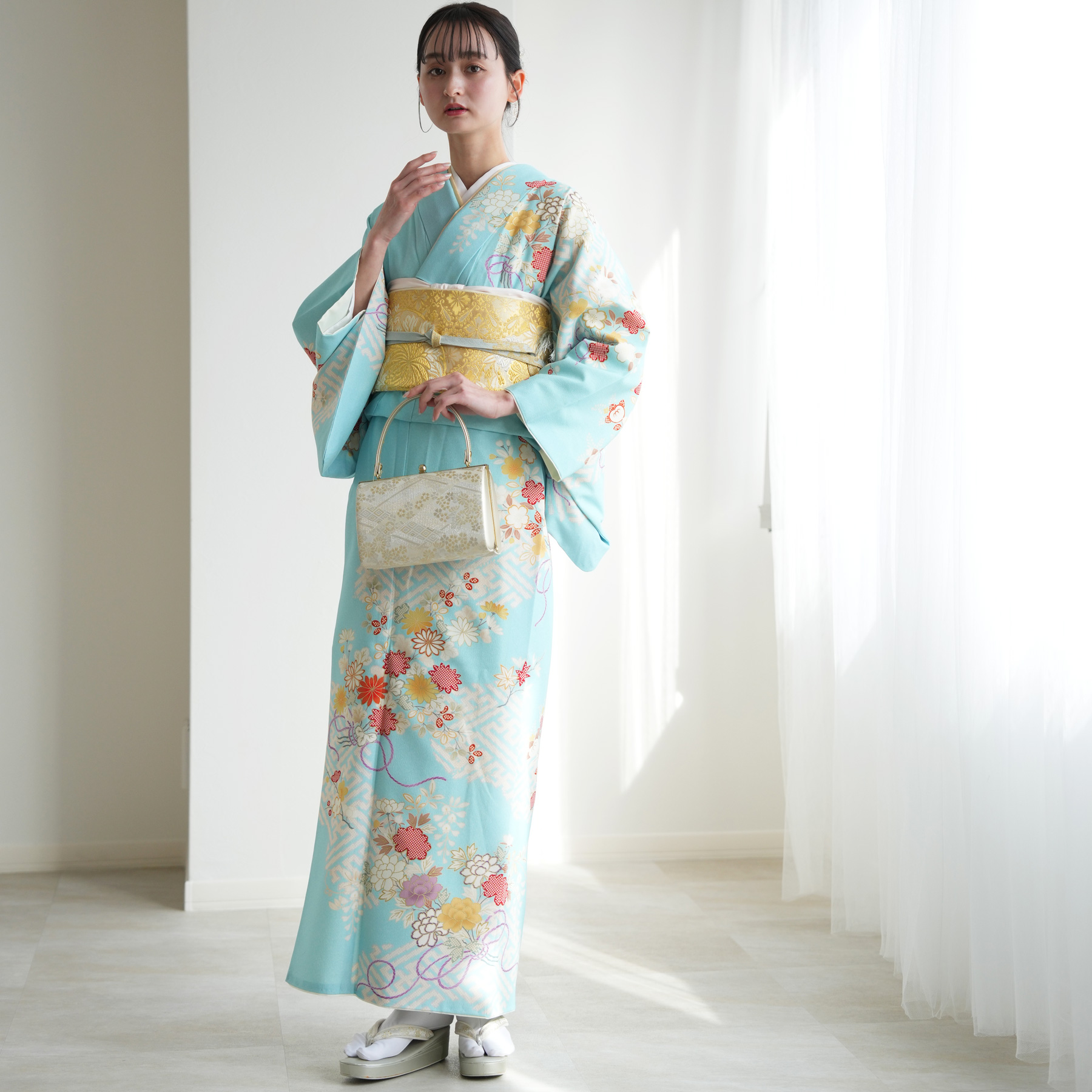 訪問着 レンタル おしゃれ 20点セット JAPAN STYLE 着物 花 水色系