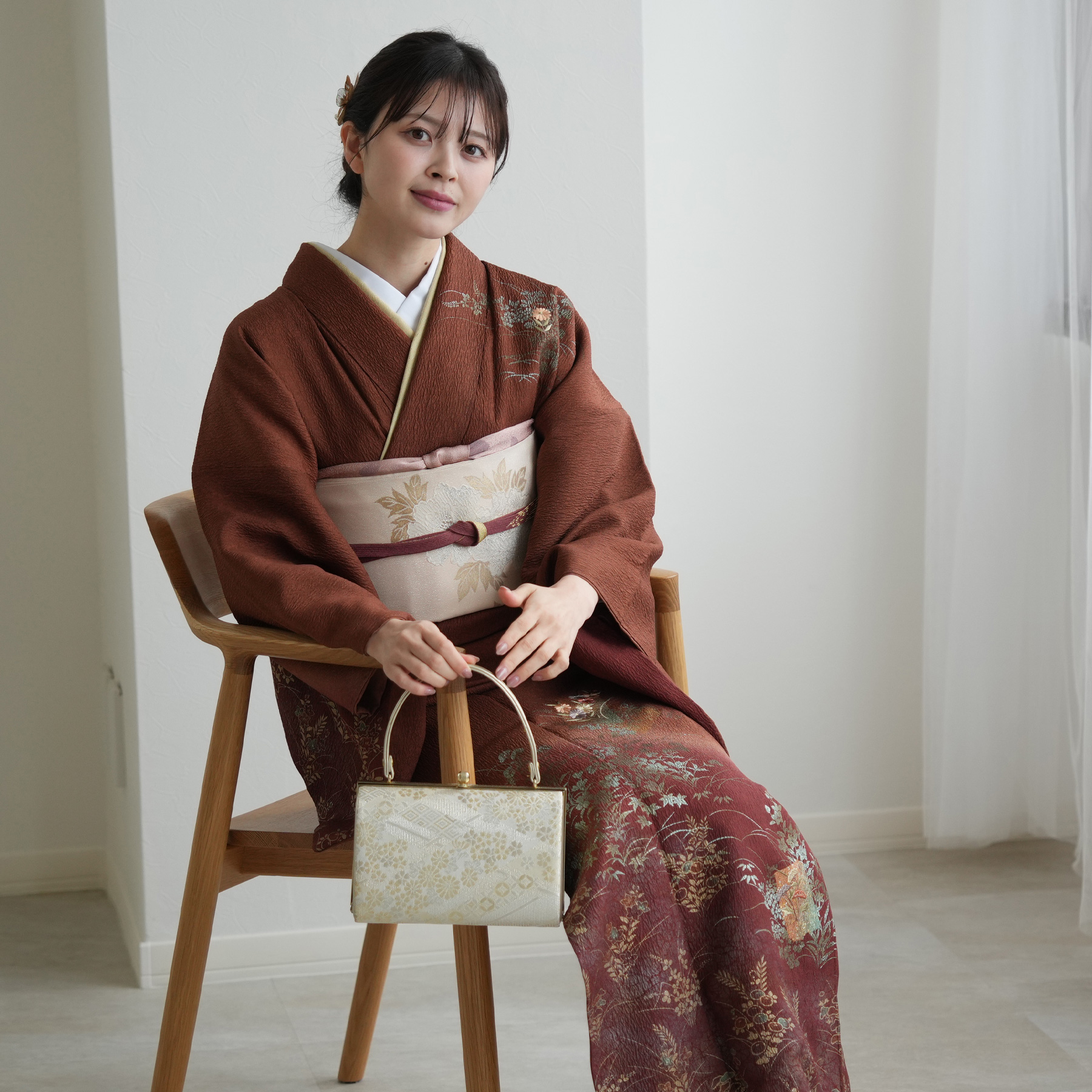 レンタル 付け下げ 20点セット 附下 着物 草花 えんじ系 赤茶 ブラウン