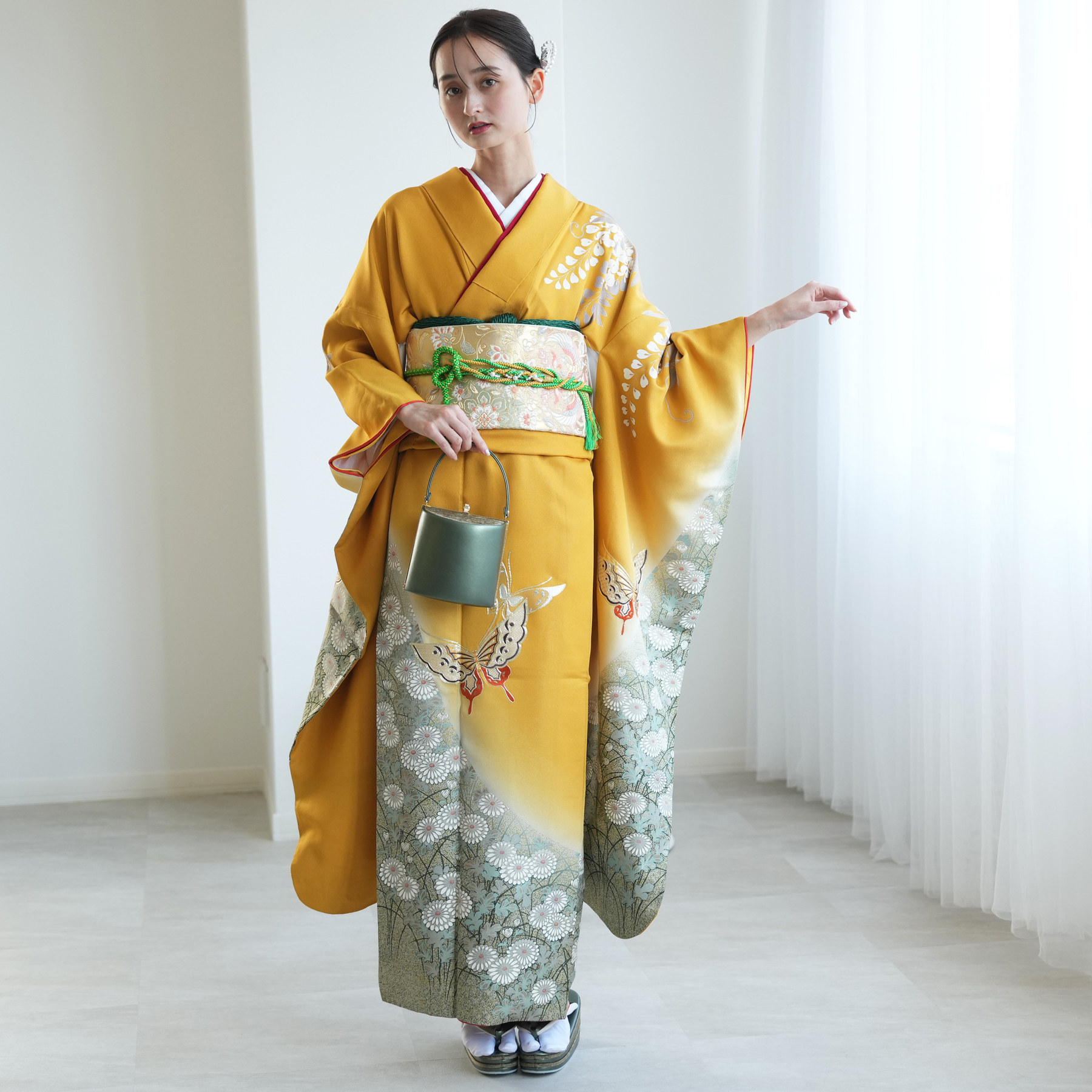 振袖 レンタル 成人式 21点セット レトロ 振袖セット 花 黄系 からし