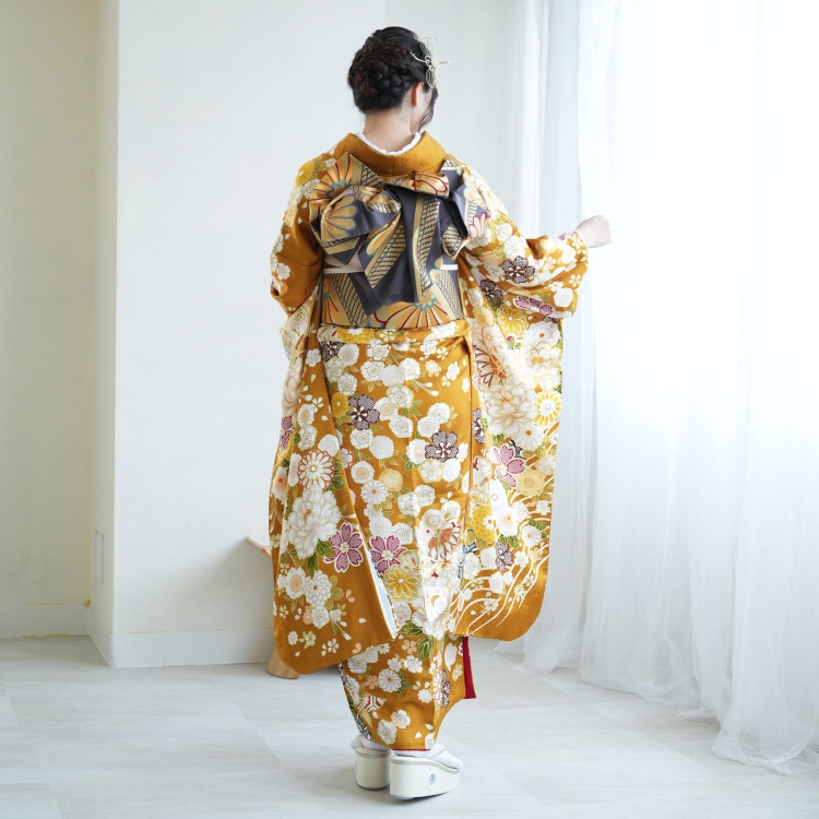 レンタル 振袖 成人式 結婚式 21点セット 古典柄 レトロ 花 からし系