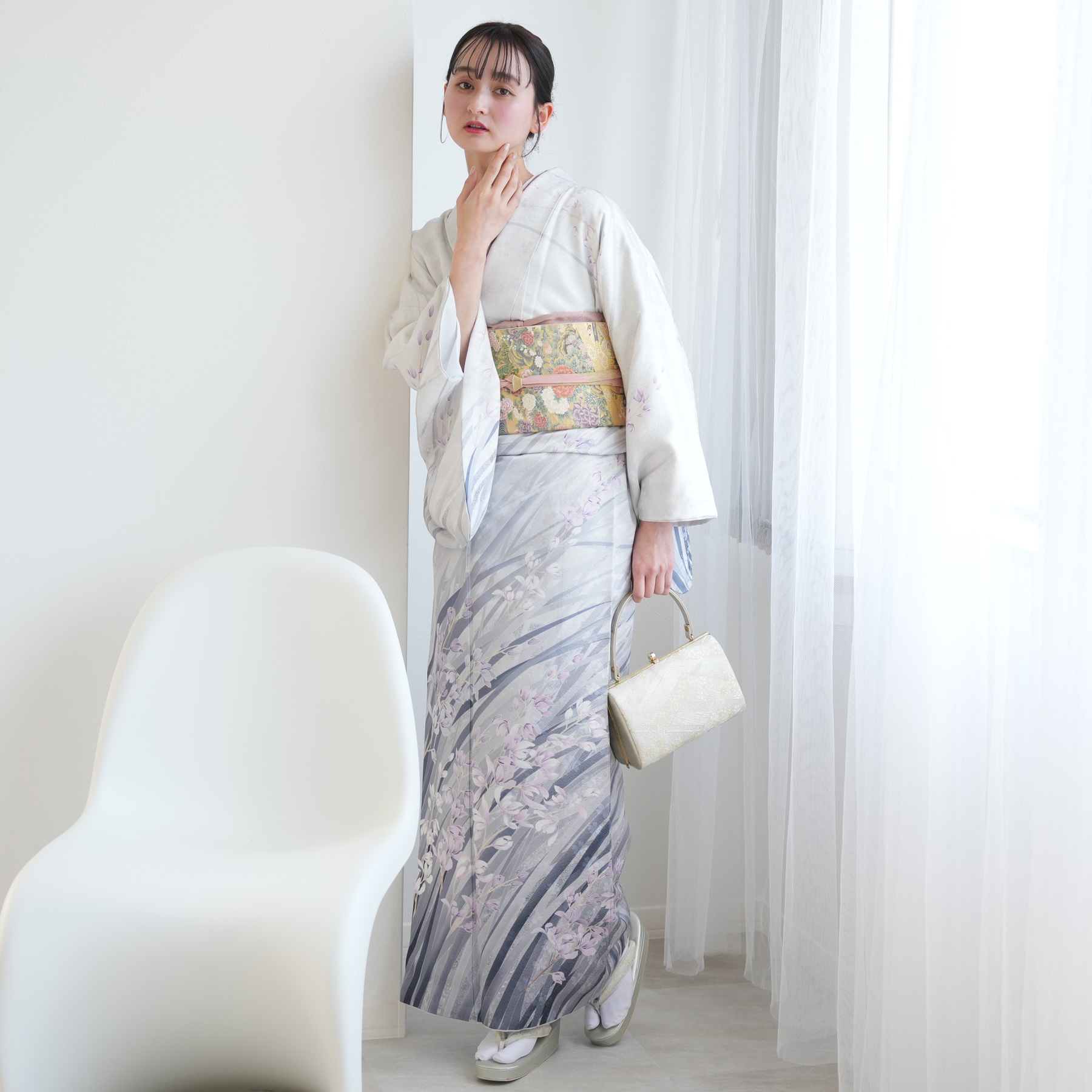 訪問着 レンタル おしゃれ 20点 フルセット 正絹 着物 花 グレー系